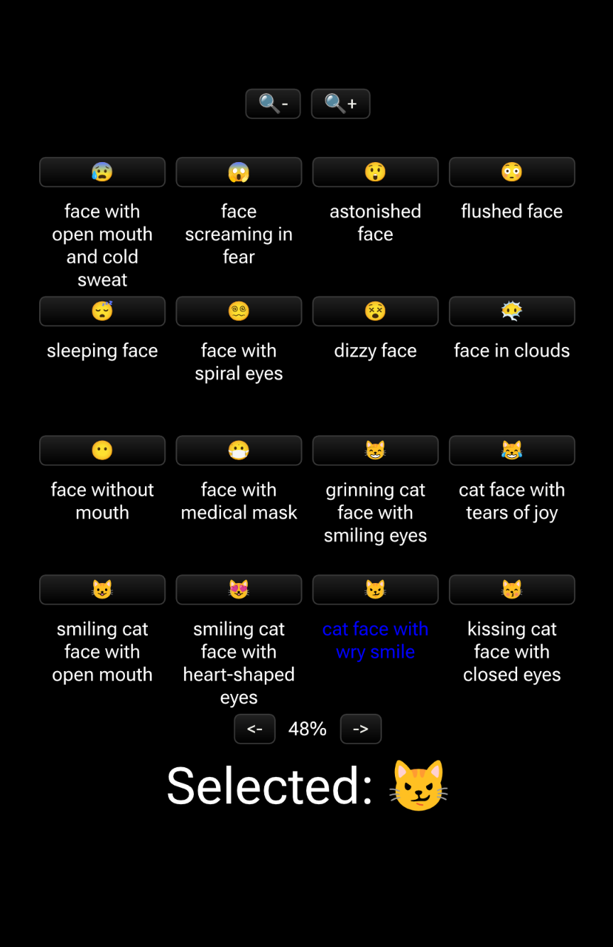 Screenshot of an app, containing a 4x4 grid of labelled Emoji, zoom in and out buttons and pagination controls. 'cat face with wry smile' is selected